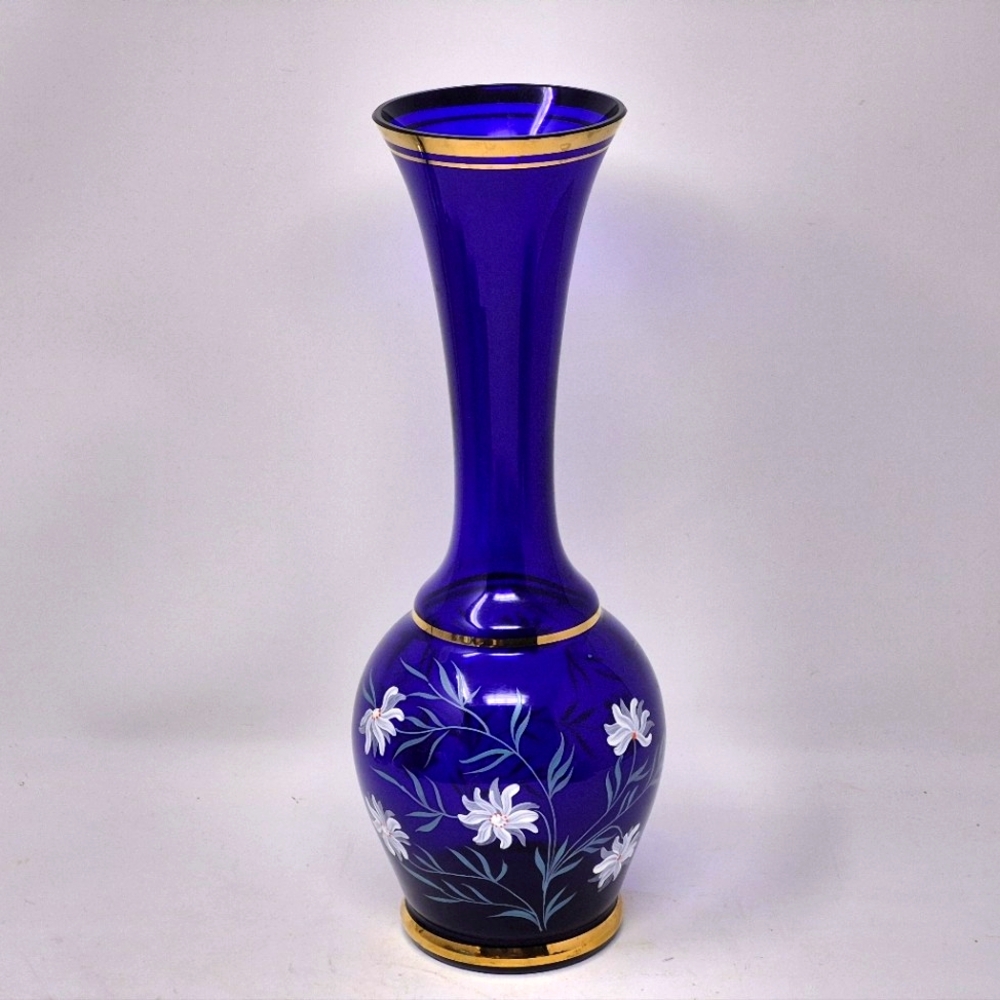Vintage Cobalt Blue Vase Bohemia Hand Painted Flowers With Gold Trim